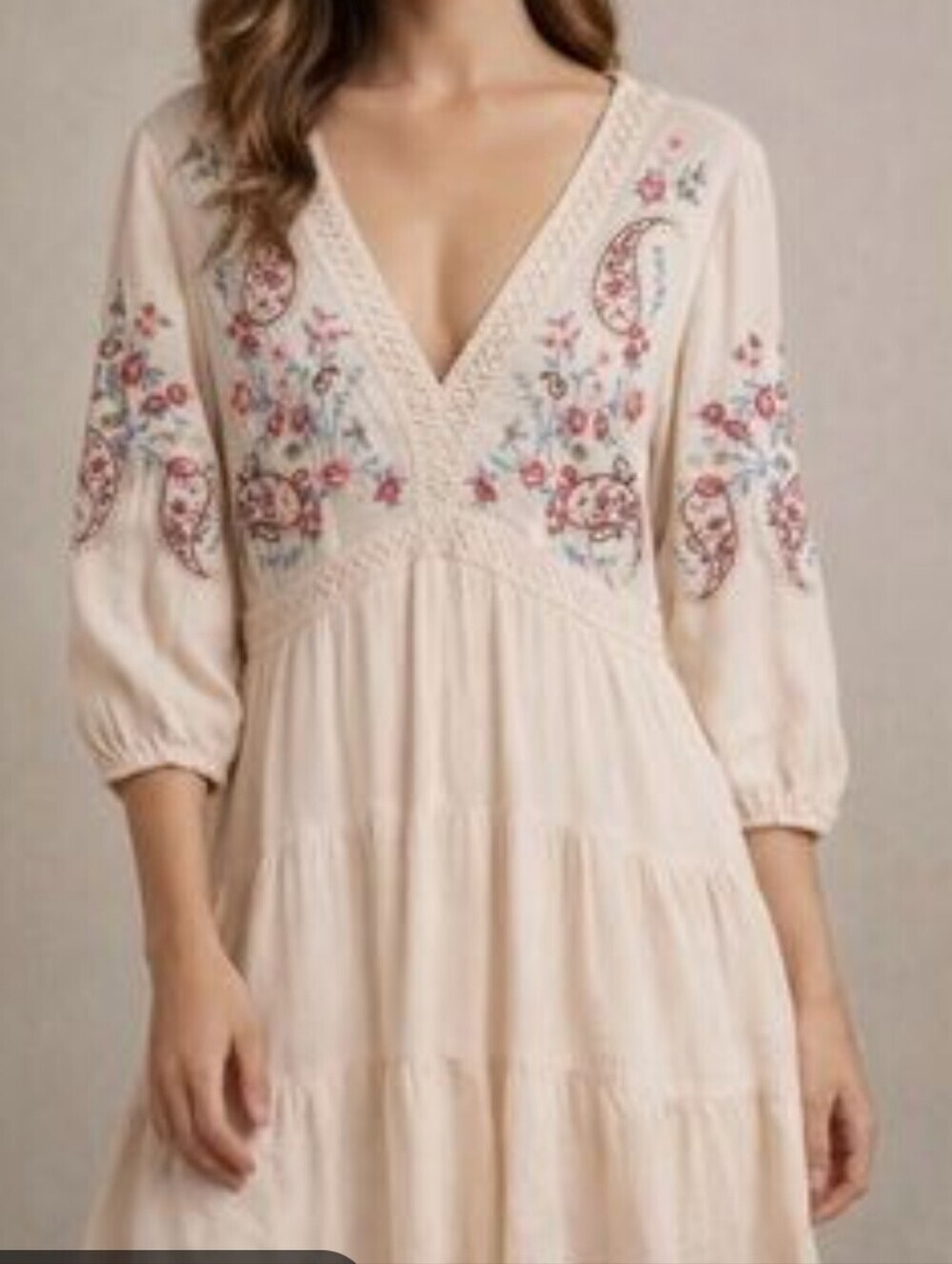 Audrey Parks Francesca Boho Floral Embroidered Tiered Mini Dress Sz S Festival